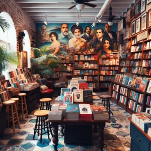 a room with books on shelves