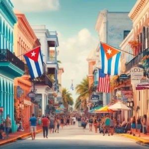 a street with flags and people on it