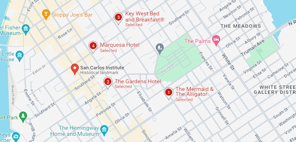 key west B&B guest hotels map